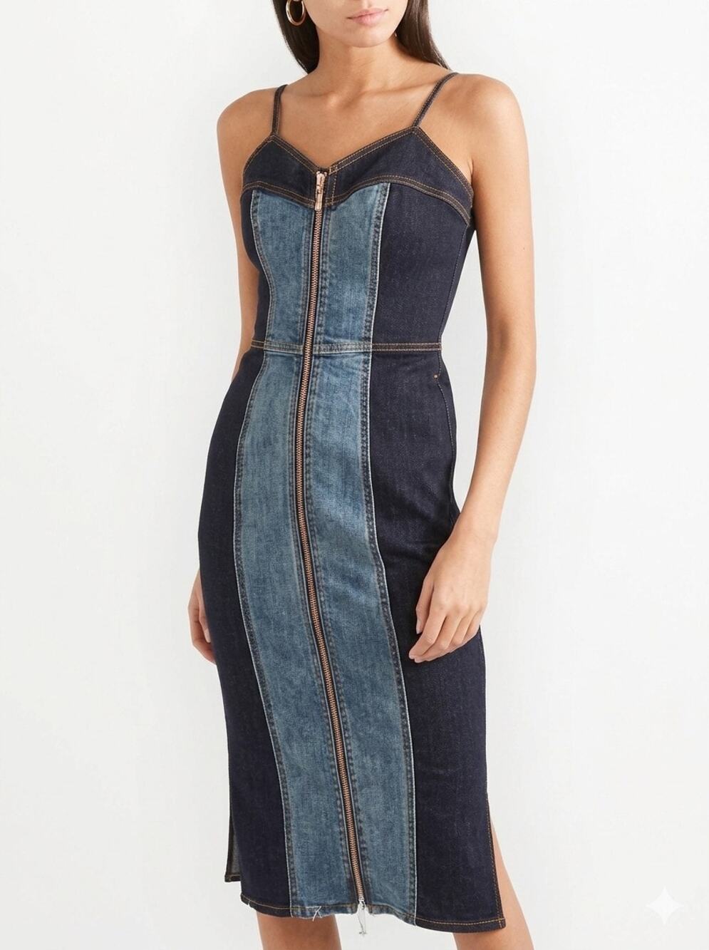 Current/Elliott Mini Dress The Jacqueline Two-Tone Denim Blue Cotton Blend sz 0